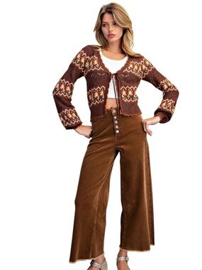 Easel Coffee Brown Crochet Cotton Long Sleeve Open knit Sweater
